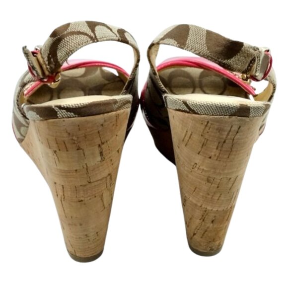 COACH~Jessy Wedge~PINK PATENT LEATHER C SIGNATURE SANDAL HEEL SHOES SZ 7.5 IOB - Picture 5 of 7